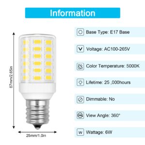 Frigidaire Freezer Light Bulb Replacement E17 LED Appliance Bulb KEI D28A KEL2811 Compact 5304517886 6W Equivalent 60W-70W Daylight White 800LM E17 Intermediate Base Bulbs Not Dimmable (2 Pack)