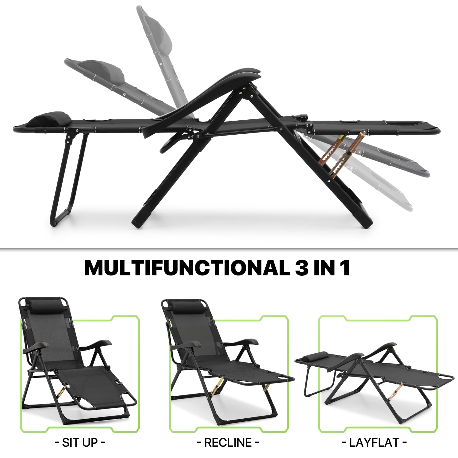 Magshion Folding Reclining Patio Chairs, Adjustable Folding Reclining Lounge Chair with Additional Support Bar and Headrest Patio Lawn Recliner for Outdoor Pool Camp Yard, 300 lbs (Black)