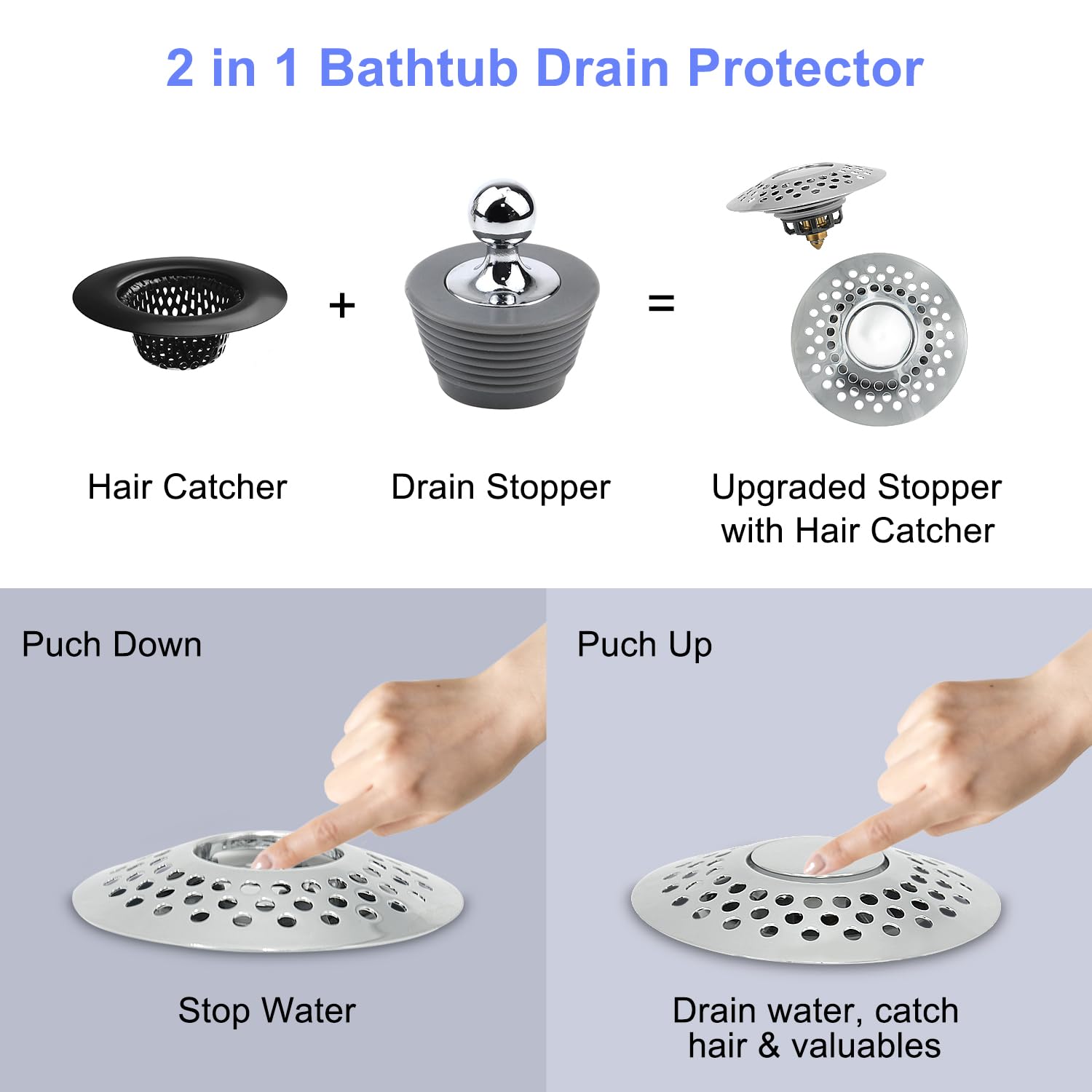 Tub Stopper Bathtub Drain Stopper- Universal Pop Up Tub Drain Stopper for Bathtub Bathroom Sink Drains Anti Clog Sink Drain Filter with Hair Catcher, Easy Install Drain Stopper &Curtain Clips