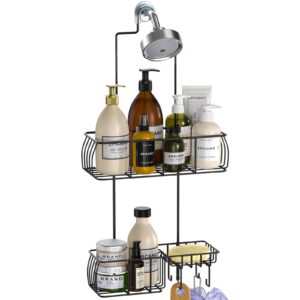 epicano anti-swing hanging shower caddy, over head shower caddy, stainless steel 304 rustproof shower organizer with hooks for towels, sponge and more, trending black