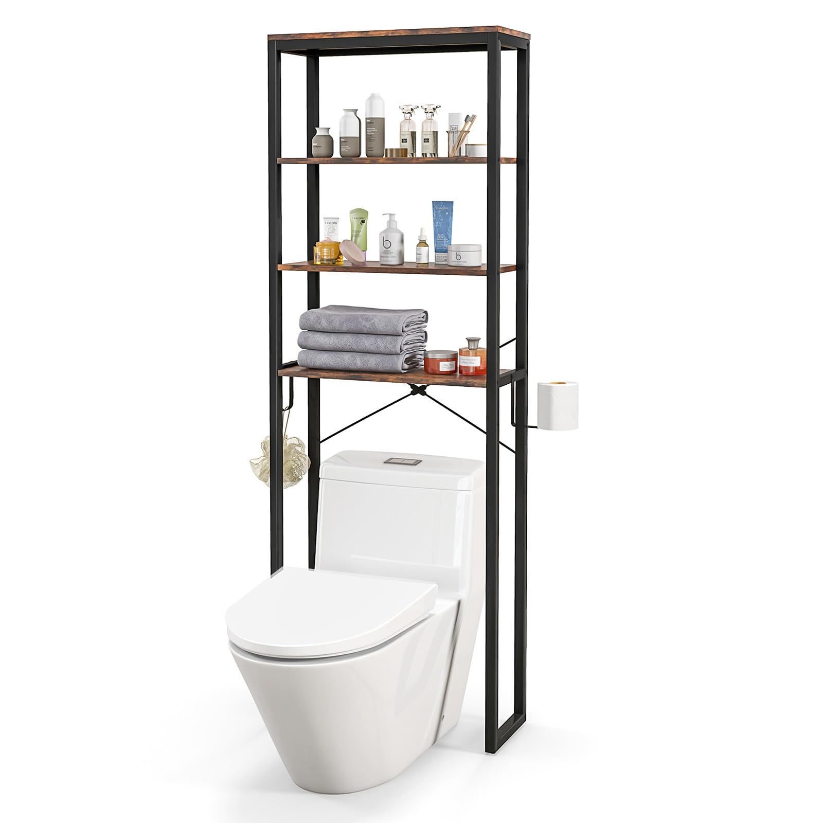 Giantex Over The Toilet Storage Rack, 4-Tier Wooden Bathroom Space Saver w/Metal Frame & 2 Hooks, Freestanding Above Toilet Storage Shelf w/Adjustable Feet, Black + Rustic Brown