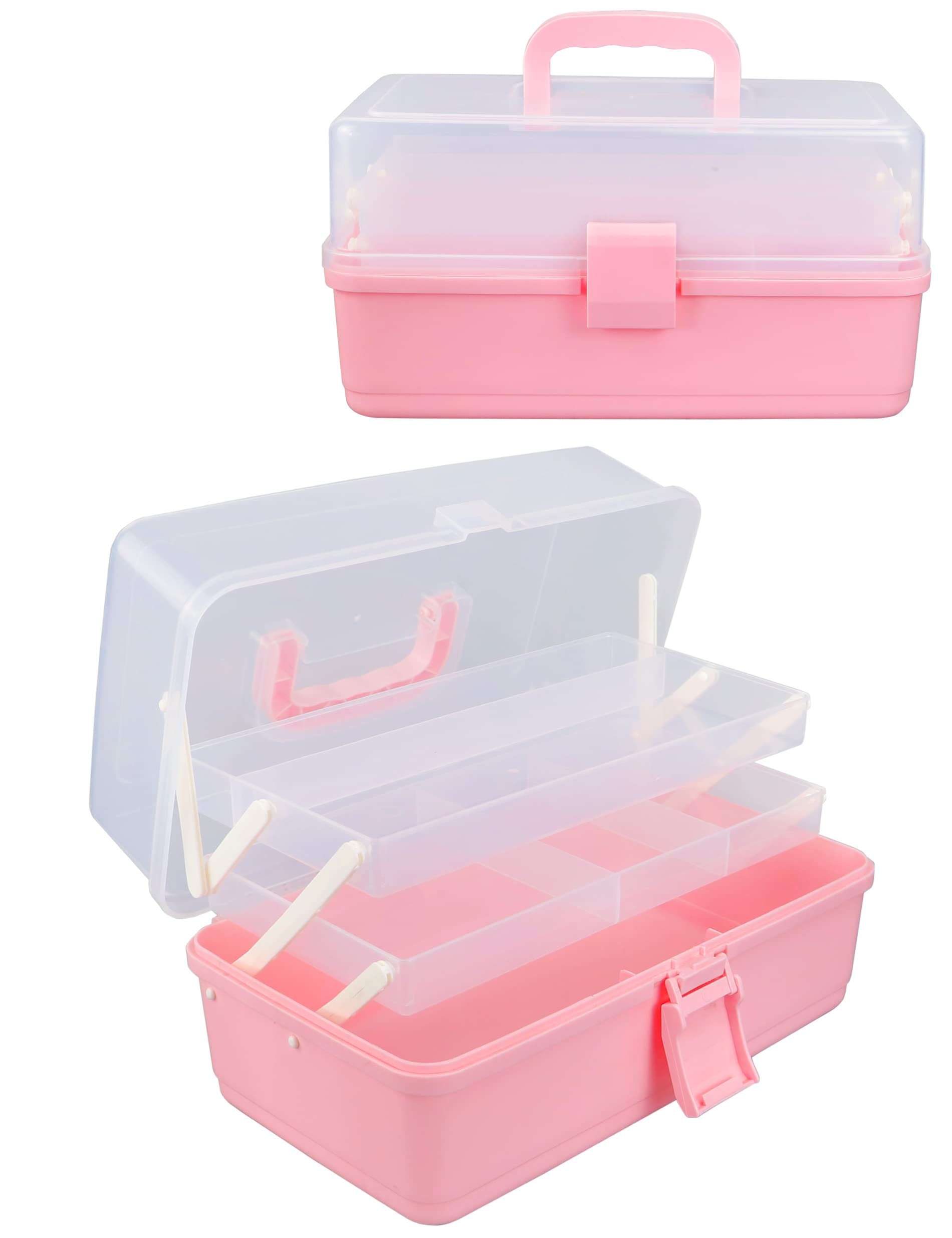 Pink Craft Box Art Box 3-Layer Plastic Portable Storage Box with Handle, Nail Sewing Organizer, Pink Toolbox, Hair Supplies Storage Box