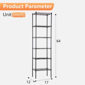 FDW 6 Tier Wire Shelving 17L x 12W x 64H Pantry Shelves Storage Rack Shelving Units Adjustable Metal Shelves for Kitchen Commercial Garage Small Places,Black