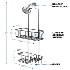 Epicano Anti-Swing Hanging Shower Caddy, Over Head Shower Caddy, Stainless Steel 304 Rustproof Shower Organizer with hooks for Towels, Sponge and more, Trending Black