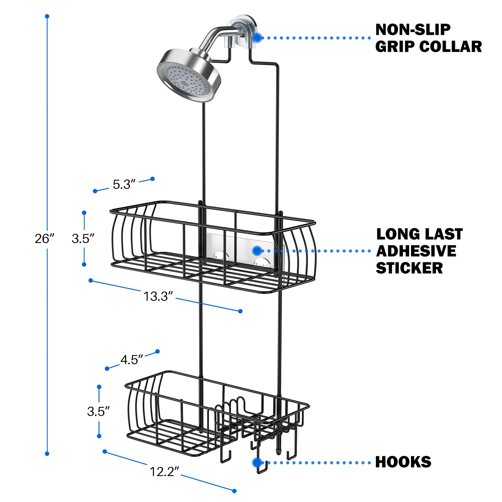 Epicano Anti-Swing Hanging Shower Caddy, Over Head Shower Caddy, Stainless Steel 304 Rustproof Shower Organizer with hooks for Towels, Sponge and more, Trending Black