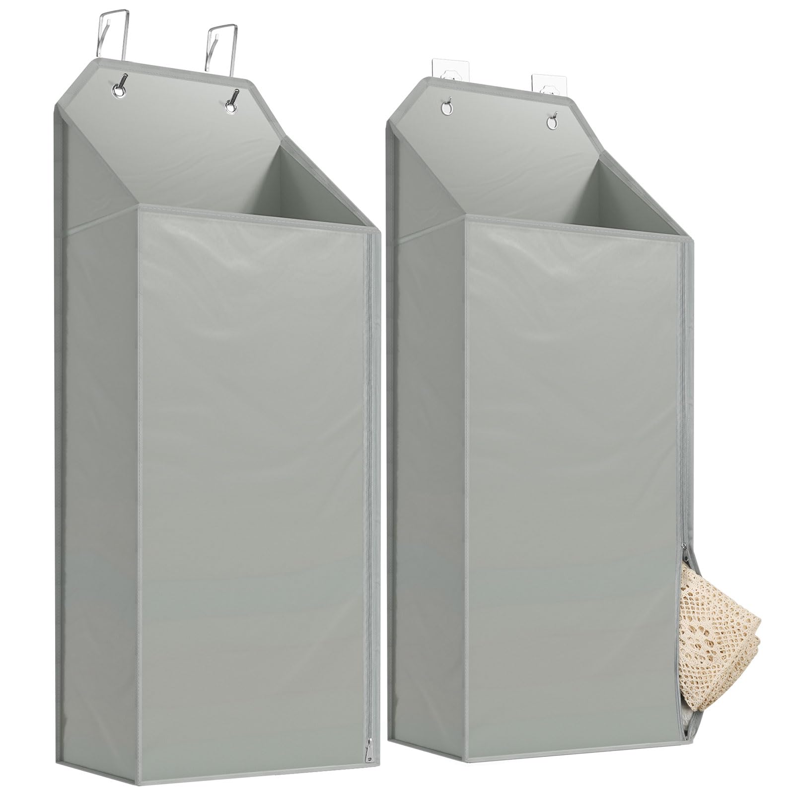 MaxGear Hanging Laundry Hamper, Over the Door Hamper with 2 Kinds of Hooks for Dirty Clothes Organizer, Wall Hanging Laundry Basket with Zipper for Bathroom, Wardrobe, Dormitory (Grey-1 Pack)