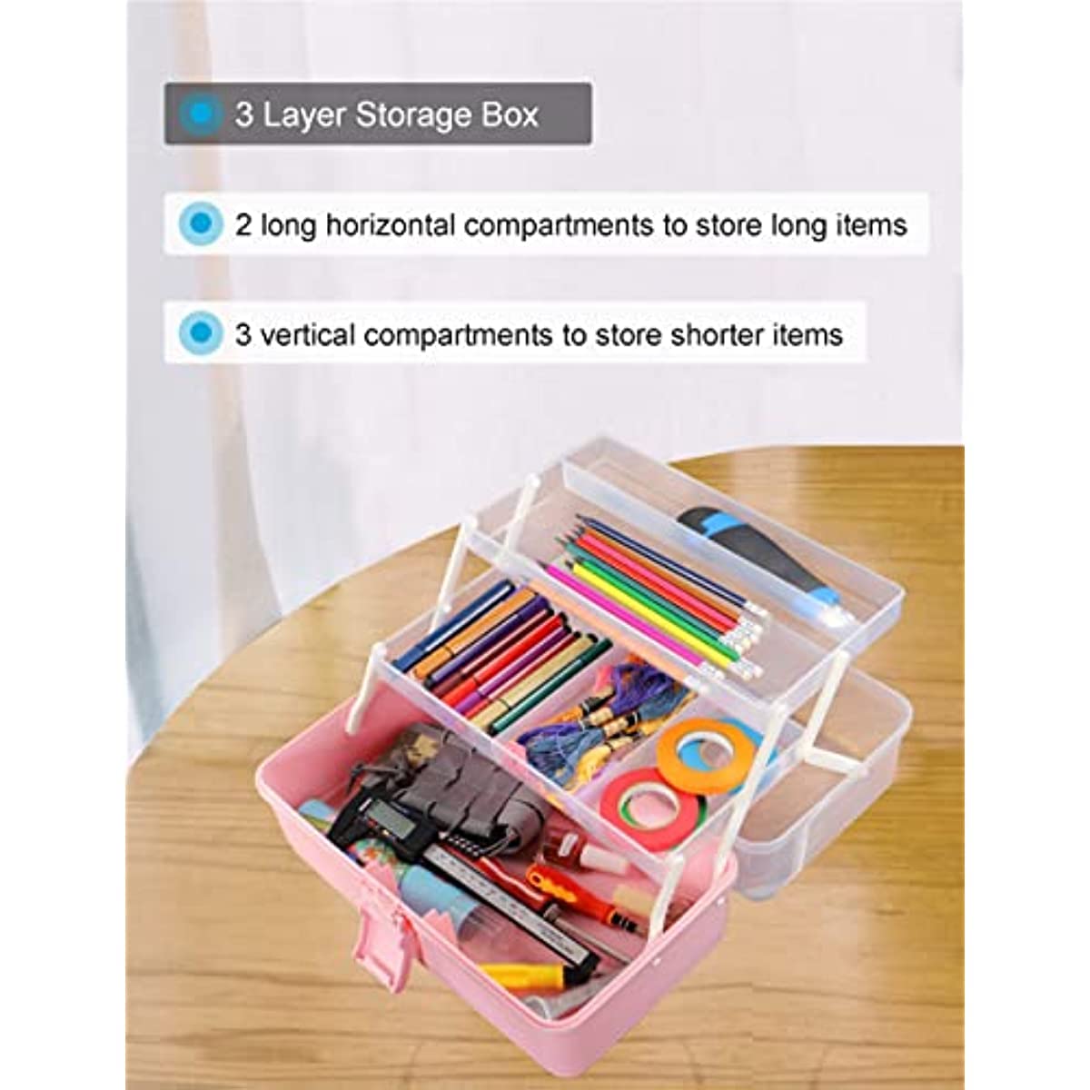 Pink Craft Box Art Box 3-Layer Plastic Portable Storage Box with Handle, Nail Sewing Organizer, Pink Toolbox, Hair Supplies Storage Box