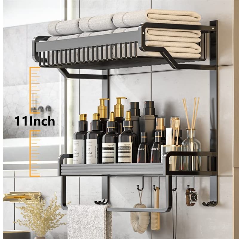 Bathroom Shelf Over The Toilet Storage Shelf 2 Tiers Floating Shelves Wall Mounted Bathroom Shelves Black Metal Bathroom Storage Organizer with Towel Bar and Removable Hooks