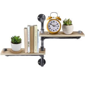 menzom rustic industrial pipe shelves - corner floating shelf with wood panels - 2-tier wall mounted bookshelf - versatile storage solution for bedroom,and home decor - wall floating pipe rack（k）