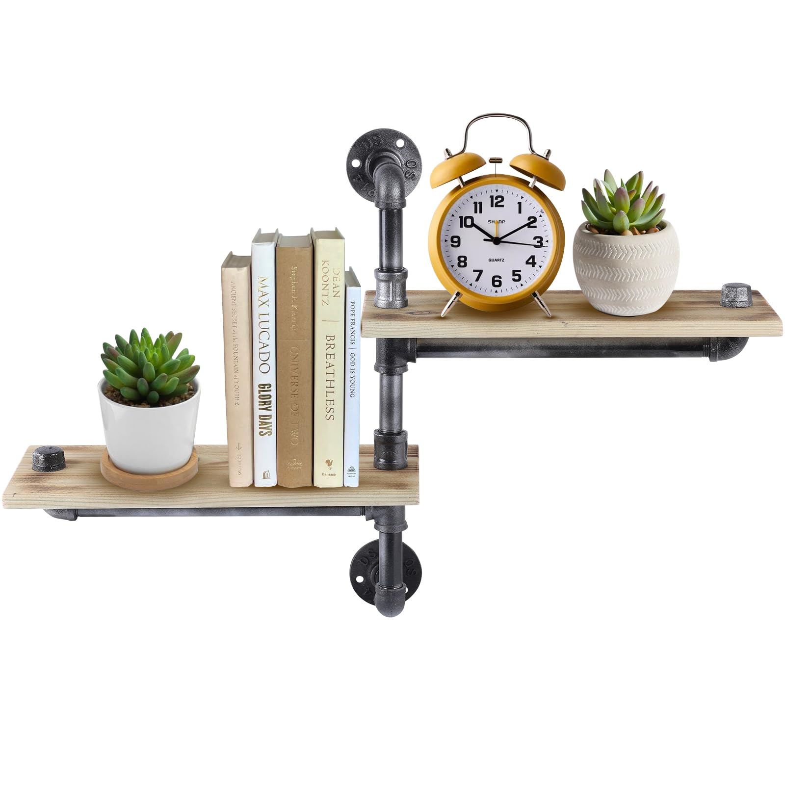 MENZOM Rustic Industrial Pipe Shelves - Corner Floating Shelf with Wood Panels - 2-Tier Wall Mounted Bookshelf - Versatile Storage Solution for Bedroom,and Home Decor - Wall Floating Pipe Rack（K）