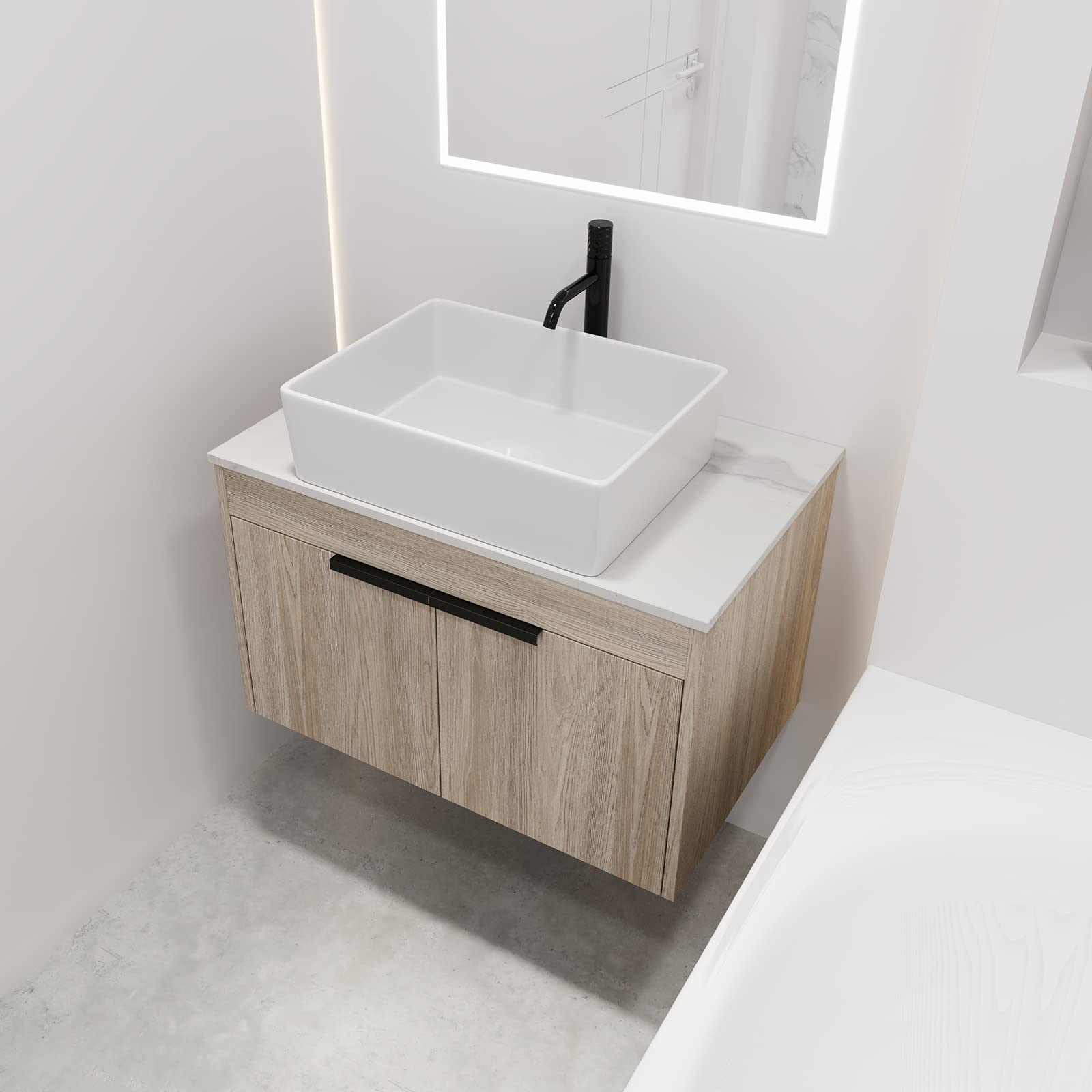 JIBIO 30" Floating Bathroom Vanity, White Flat Stone Countertop Ceramic Sink for Contemporary Bath with 2 Soft-Closing Doors and Ceramic Basin Sink Space-Saving Wall-Mounted Design