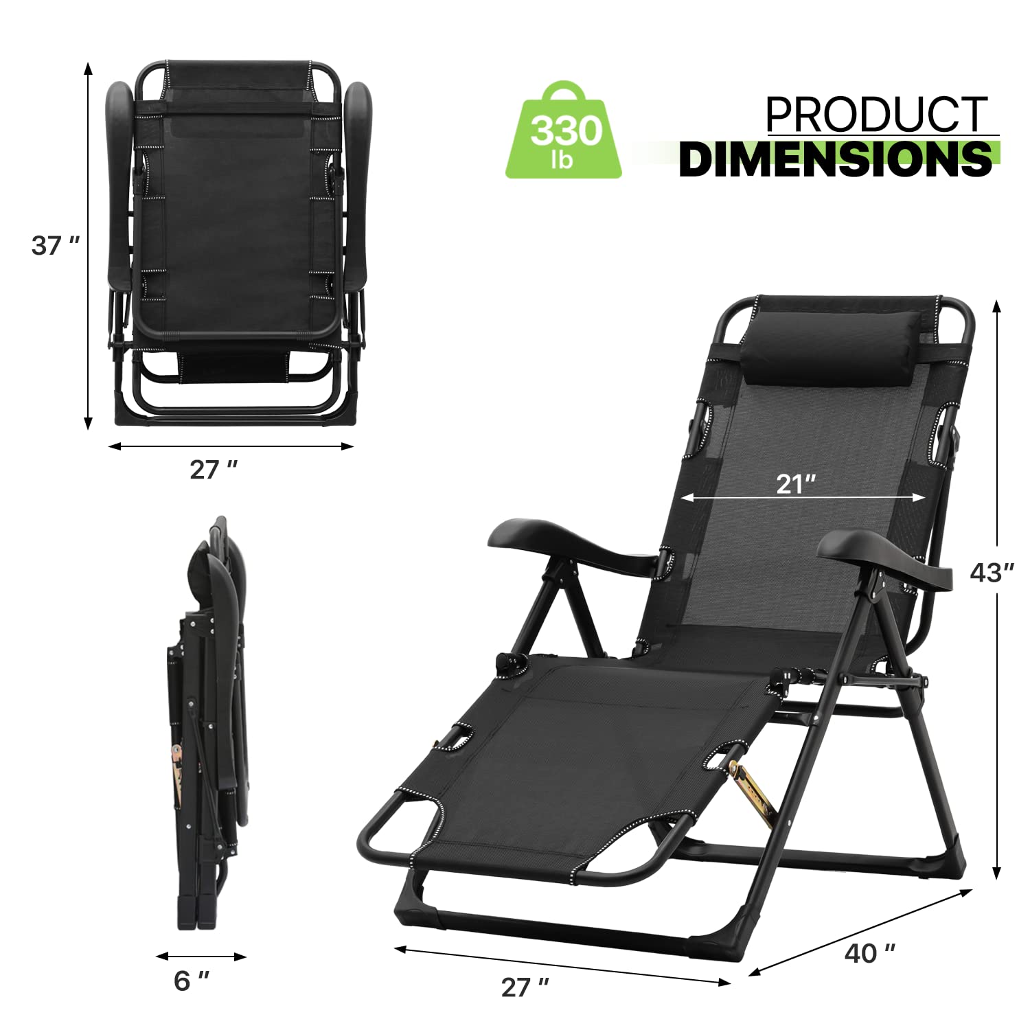 Magshion Folding Reclining Patio Chairs, Adjustable Folding Reclining Lounge Chair with Additional Support Bar and Headrest Patio Lawn Recliner for Outdoor Pool Camp Yard, 300 lbs (Black)