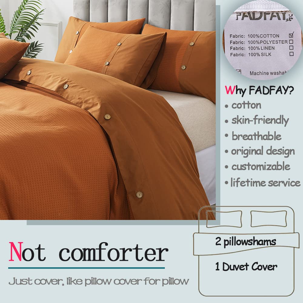 FADFAY Burnt Orange Duvet Cove Set King/Cal King Cotton Waffle Weave Bedding Zipper Comforter Cover Reversible Luxury Textured Terracotta Bedding Embellished Button Soft Breathable All Season 3Pcs