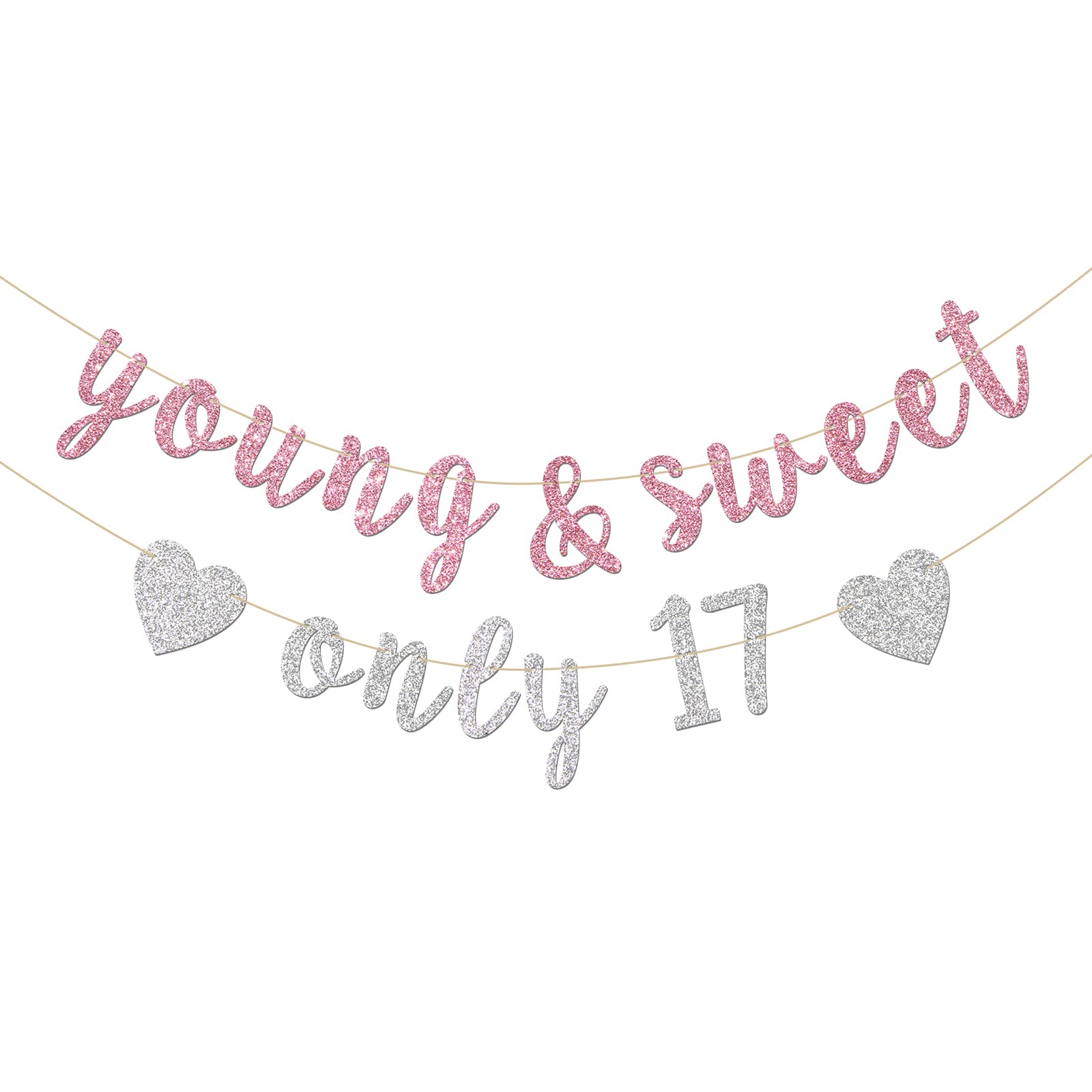 INNORU Young & Sweet Only 17 Banner - Happy 17th Birthday Party Decor for Girls - Cheers to 17 Years Party Decorations Supplies, Pink & Silver Glitter