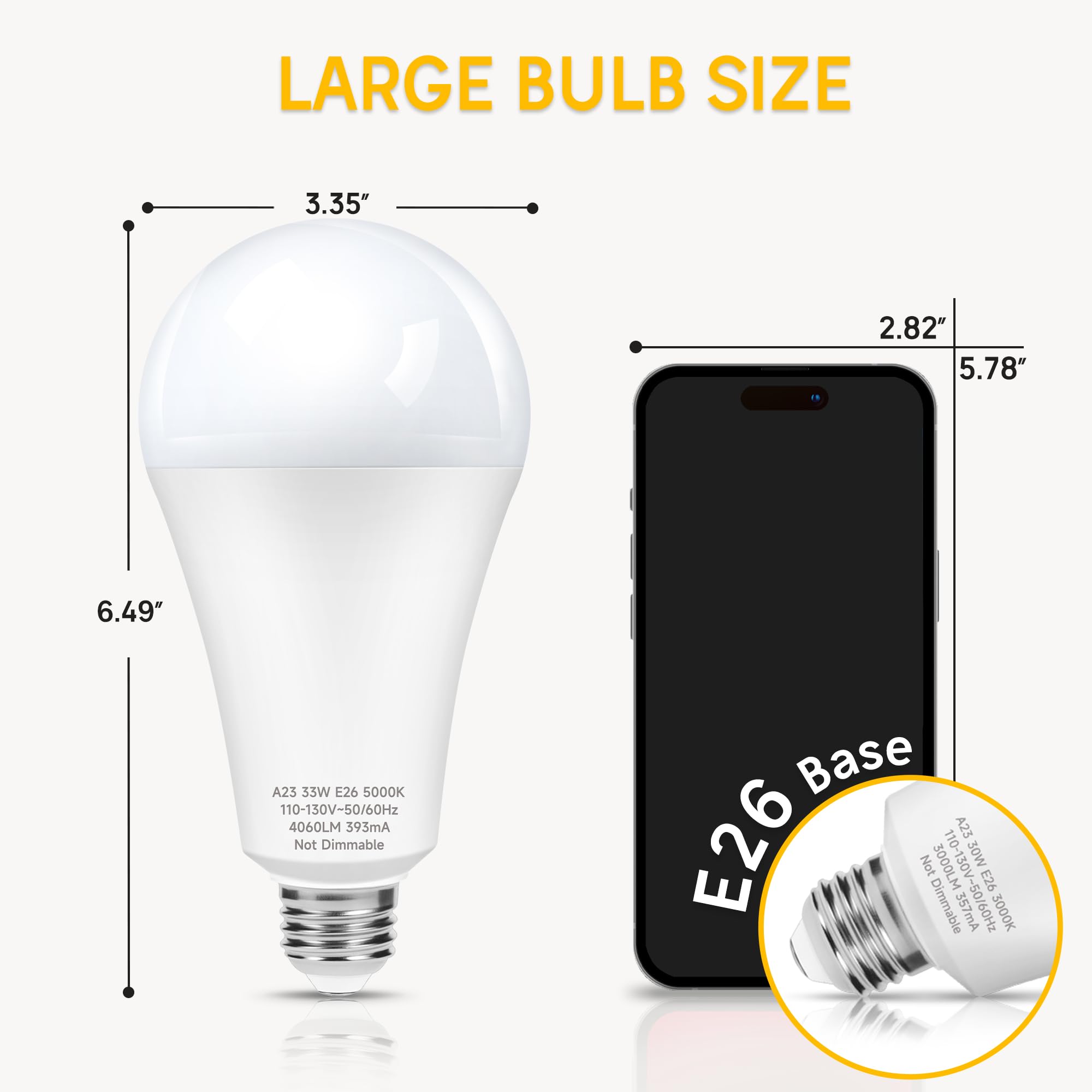 300W Equivalent LED Light Bulb, Super Bright 4060 Lumen 5000k Cool Daylight White A23 E26 Medium Base 33 Watt LED Bulb for Garage Warehouse Workshop Backyard Patio Street Supermarket, 2-Pack