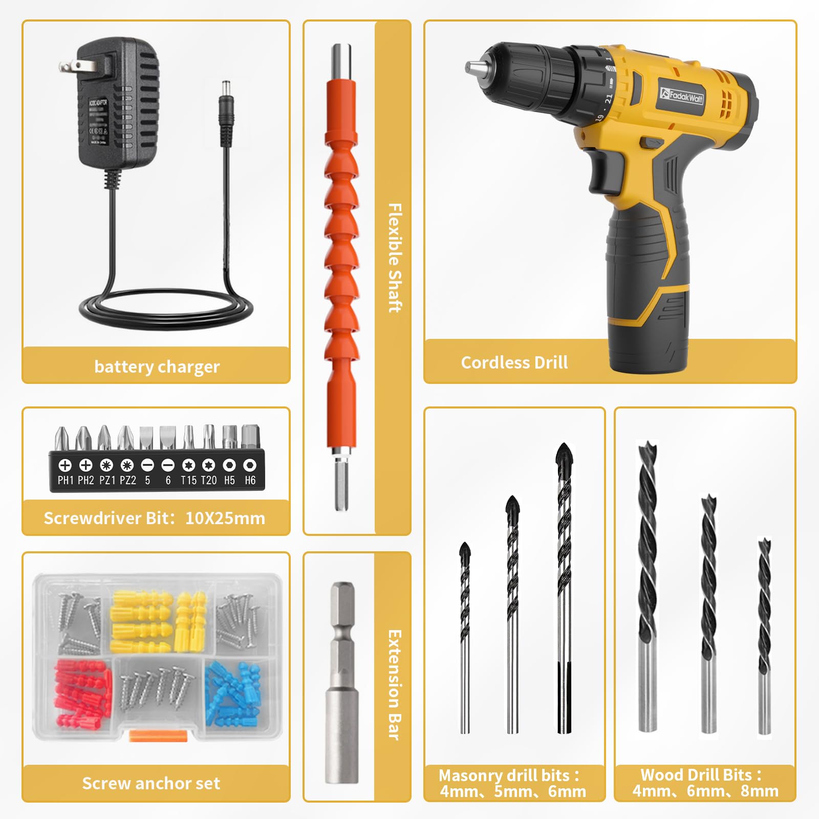 FADAKWALT Cordless Drill Set,12V Power Drill Set with Battery and Charger, Electric Drill Driver/Drill Bits, 3/8'' Keyless Chuck,21+1 Torque Setting, 180 inch-lbs, with LED Electric Drill Set (Yellow)