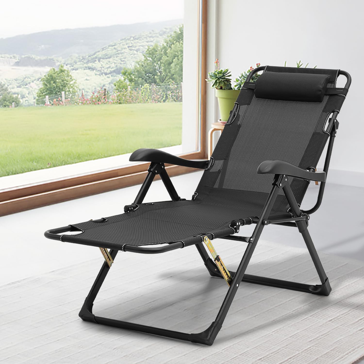 Magshion Folding Reclining Patio Chairs, Adjustable Folding Reclining Lounge Chair with Additional Support Bar and Headrest Patio Lawn Recliner for Outdoor Pool Camp Yard, 300 lbs (Black)