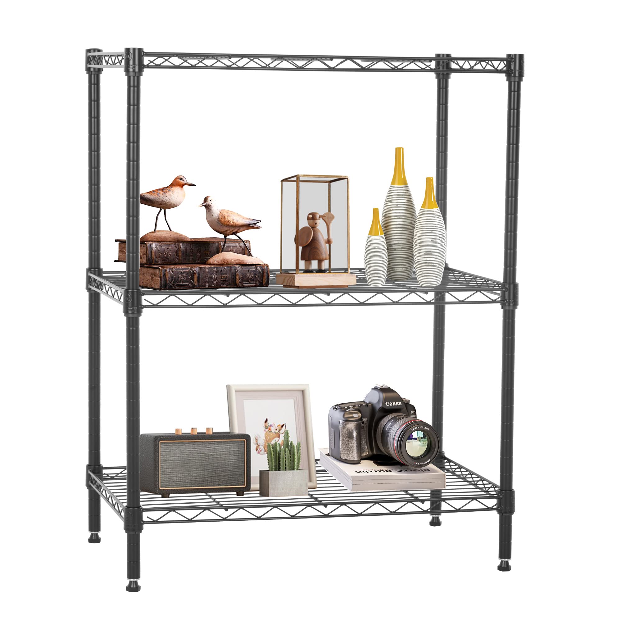 FDW Wire Shelving Units Adjustable Metal Storage Rack 23D x 13W x 30H 3 Tier Pantry Shelves NSF Kitchen Shelf for Kitchen Garage Commercial Small Places,Black