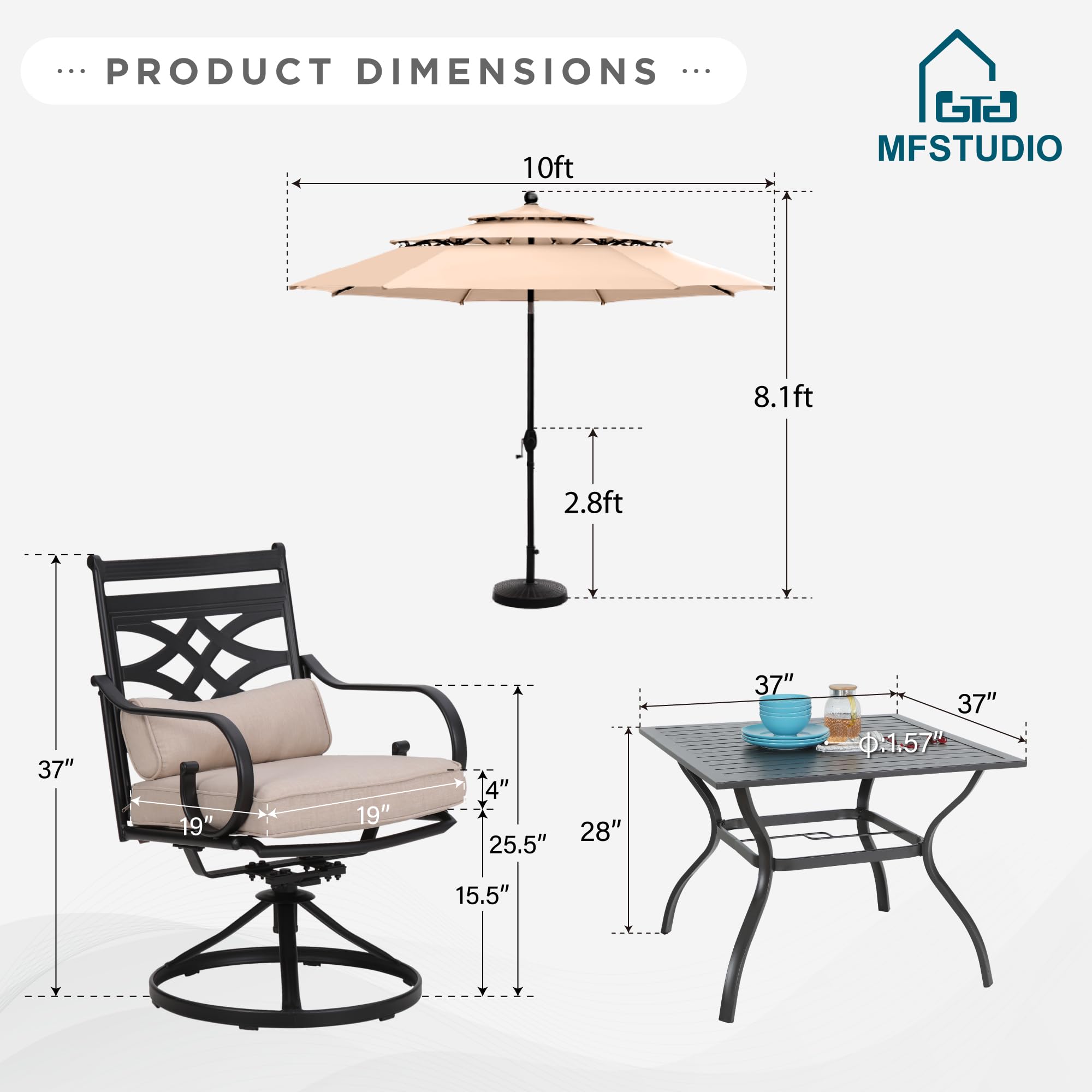 MFSTUDIO 6 Pieces Patio Umbrella Dining Sets with 4 Swivel Chairs, 1 Square Table and 1 x 9 Ft Beige Umbrella (Base Not Included), All Weather Heavy Duty Black Frame, Outdoor Furniture for 4