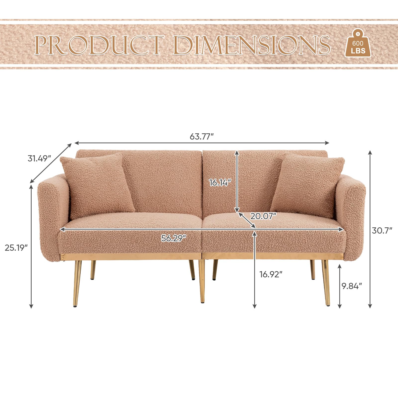 Convertible Futon Sofa Bed, Upholstered Loveseat Sleeper Couch with 3 Reclining Angles and 2 Pillows, Modern Living Room Sofa Couch with 5 Solid Metal Legs for Guest Room, Office, Camel Teddy