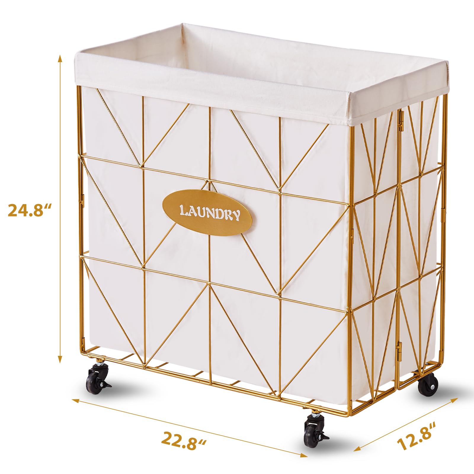 Mxfurhawa Laundry Hamper, Collapsible Laundry Basket Large Capacity 110L Metal Laundry Hamper with Removable Liner, Rolling Wheels and Collapsible Design for Clothes Storage and Organization (Gold)