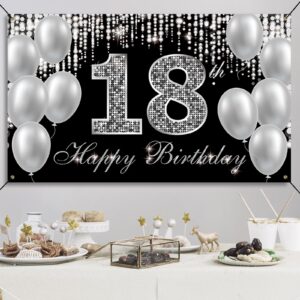 HTDZZI 18th Birthday Banner Backdrop, Happy 18th Birthday Decorations for Boys Girls, Black Silver 18 Year Old Birthday Party Yard Sign Photo Props Decorations Supplies for Men Women, Fabric