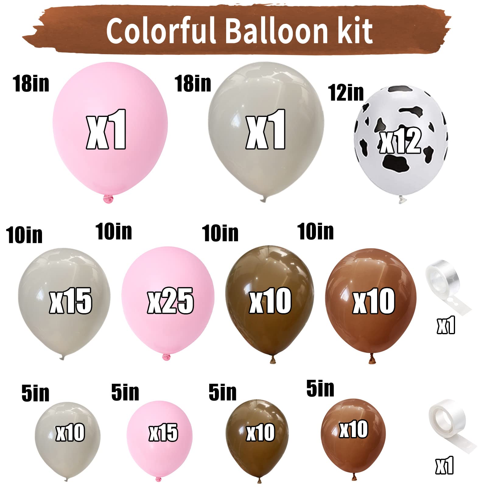 121 Pcs Cow Print Balloon Arch Kit, Pink Nude Brown Tan Apricot Cow Balloon Arch Garland Kit Different Sizes, Balloons Garland Kit for Farm Party Cowboy Party Dcorations Baby Shower Birthday Party