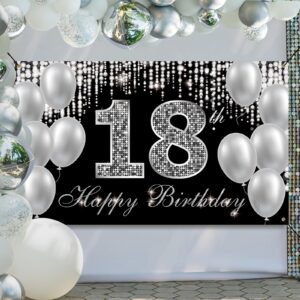 HTDZZI 18th Birthday Banner Backdrop, Happy 18th Birthday Decorations for Boys Girls, Black Silver 18 Year Old Birthday Party Yard Sign Photo Props Decorations Supplies for Men Women, Fabric