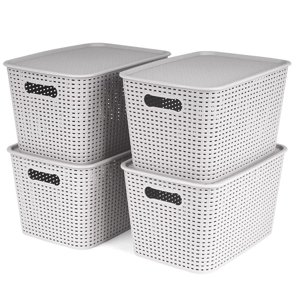 OLLIC Plastic Bins Large Storage with Lids | Korean Organizer Bin Basket Set for Organizing Baskets in Closet and Home (GRAY, LARGE_4PK)