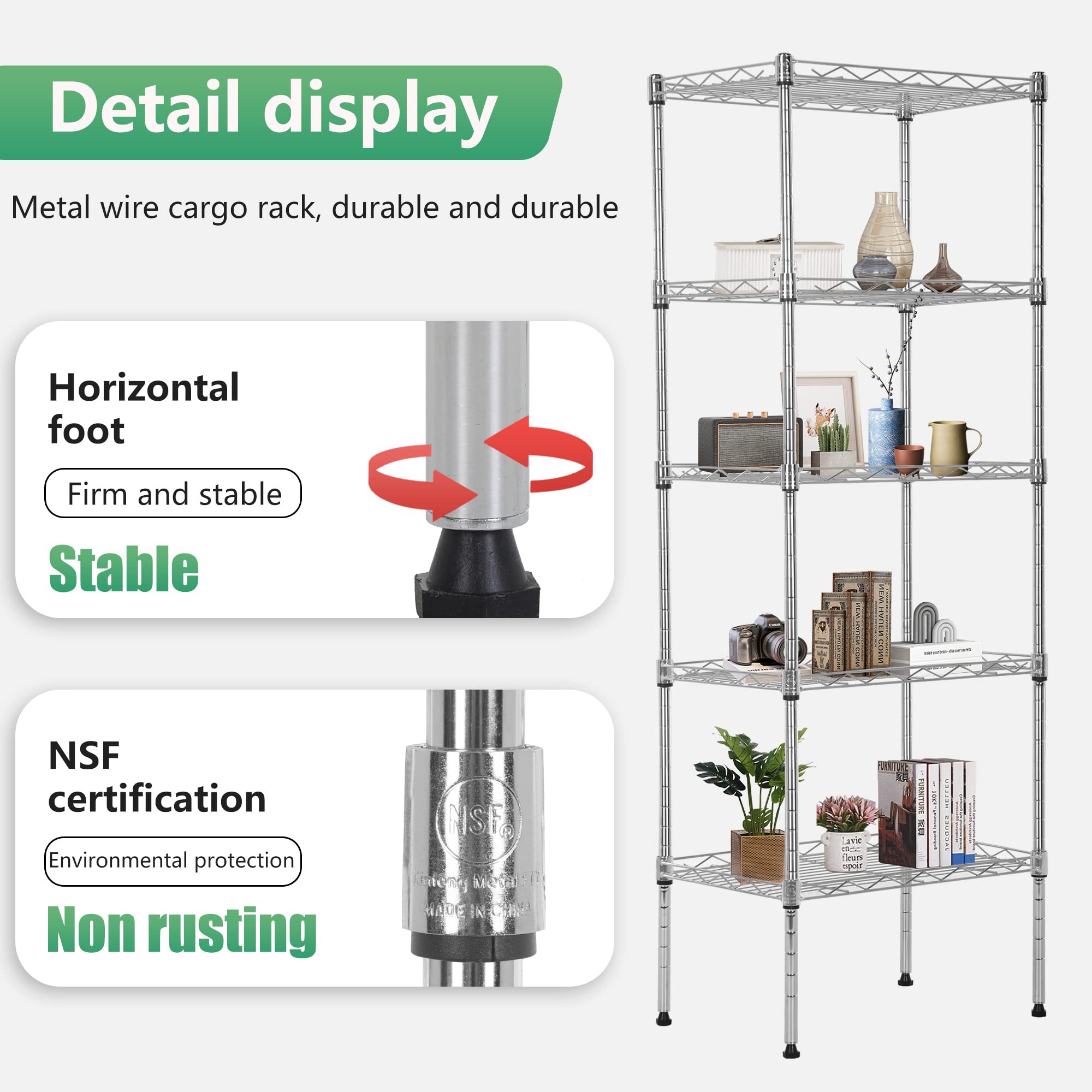 FDW 5 Tier Wire Shelving Adjustable Metal Shelves 17L x 12W x 48H NSF Pantry Shelves Storage Rack Shelving Units for Kitchen Garage Small Places Commercial,Chrome