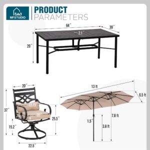 MFSTUDIO 8 Pieces Patio Umbrella Dining Sets, with 6 Swivel Chairs, 1 Stamped Rectangular and 1 x 13 Ft Beige Umbrella (Base Not Included), All Weather Heavy Duty Black Frame, Outdoor Furniture for 6