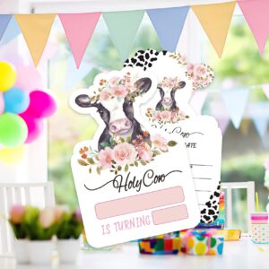 AEHIE 20 Sets Holy Cow Birthday Party Shaped Fill-In Invitations With Envelopes, Floral Baby Cow Birthday Party Invitations Invite Cards for Girls Kids,Cow Print Birthday Party Invites