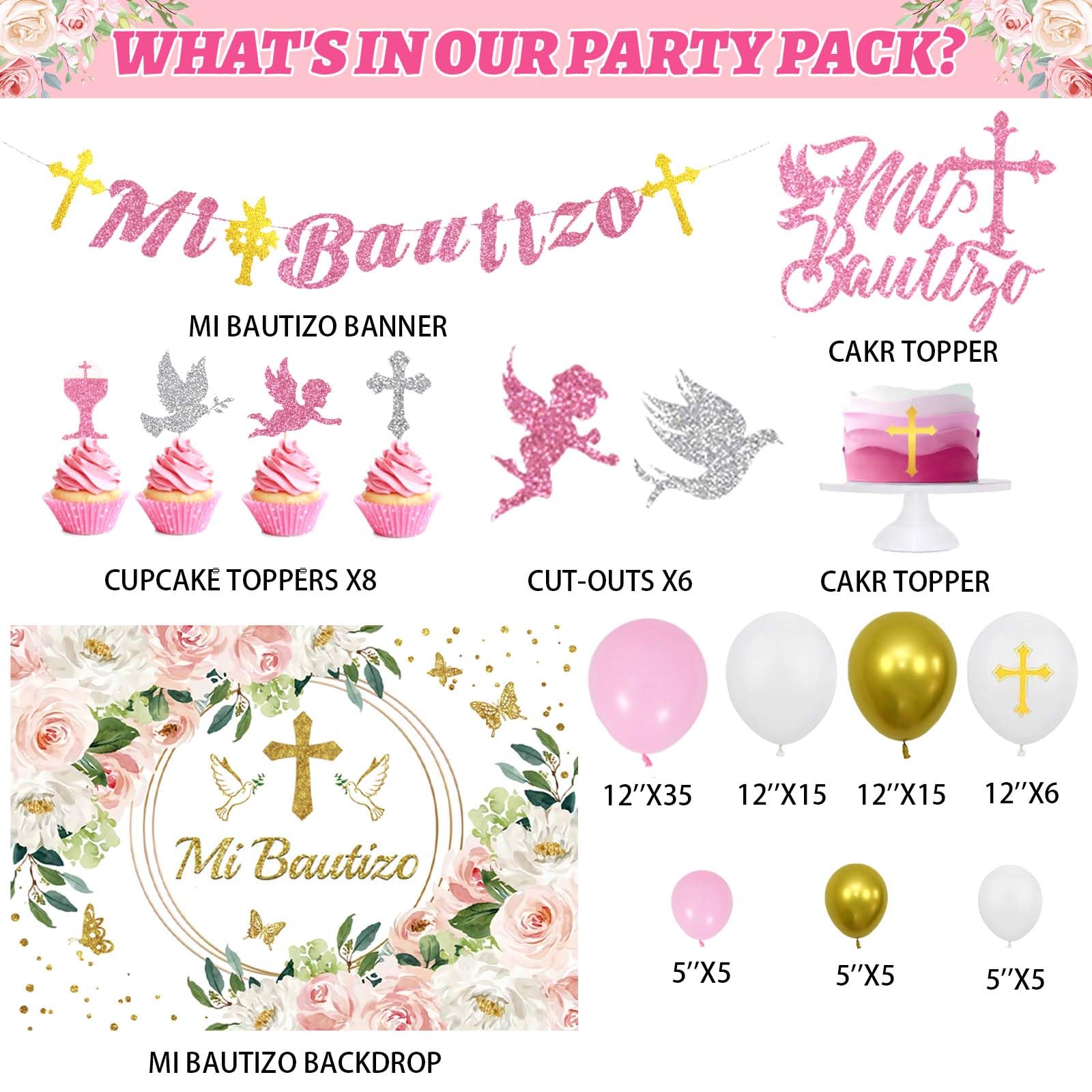 Fiesec Mi Bautizo Decorations for Girls, Baptism First Communion Christening God Bless Party Decorations Backdrop Balloon Garland Arch Glitter Banner Cake Cupcake Topper Gold Pink 103 PCs