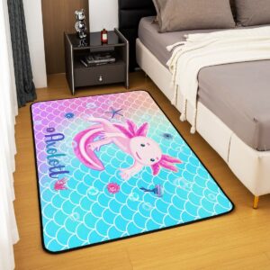 Axolotl Area Rug 5x7 for Bedroom Living Room, Kawaii Rainbow Axolotl Washable Rug, Gradient Fish Scales Carpet Runner Non Slip, Girls Ocean Life Starfish Decorative Accent Rug, Non Shedding