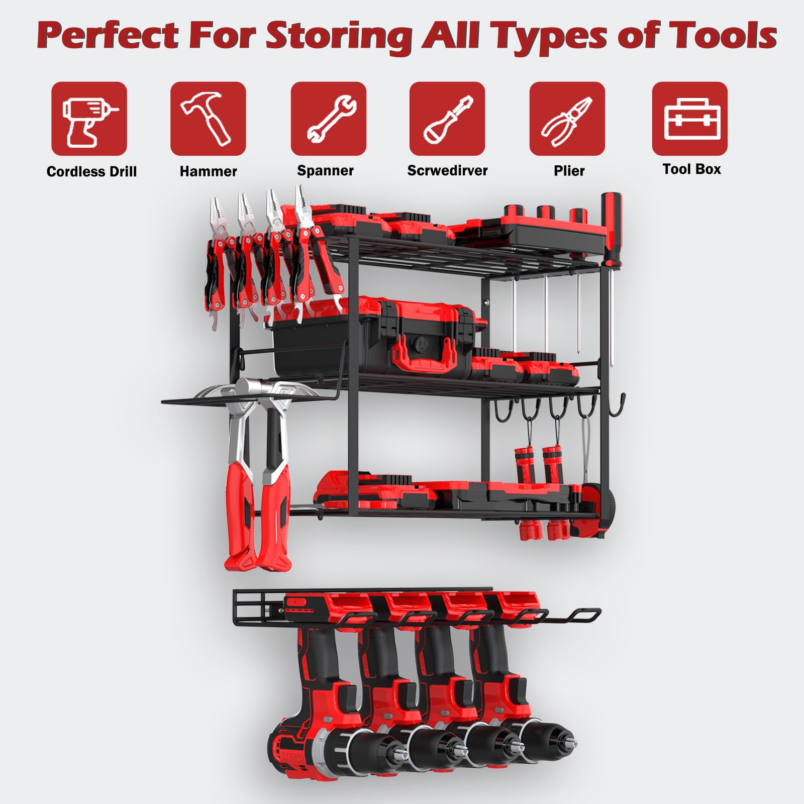 Power Tool Organizer, 4 Layer Drill Holder Wall Mount, Drill Rack for Garage Organization, 4 Slot Separate Design, Power Tool Storage Rack, Heavy Duty Metal Tool Shelf, Best Present for him