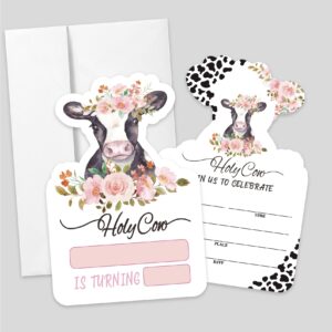 aehie 20 sets holy cow birthday party shaped fill-in invitations with envelopes, floral baby cow birthday party invitations invite cards for girls kids,cow print birthday party invites