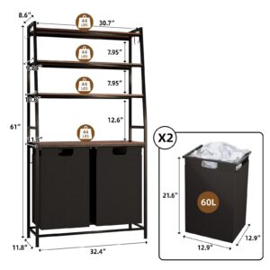 Moozerka Laundry Hamper with Shelves and Hooks, 4 Tiers Tall Laundry Basket with 2 Removable Laundry Bags, Laundry Sorter with Ladder Shelves for Laundry Room Bathroom Bedroom