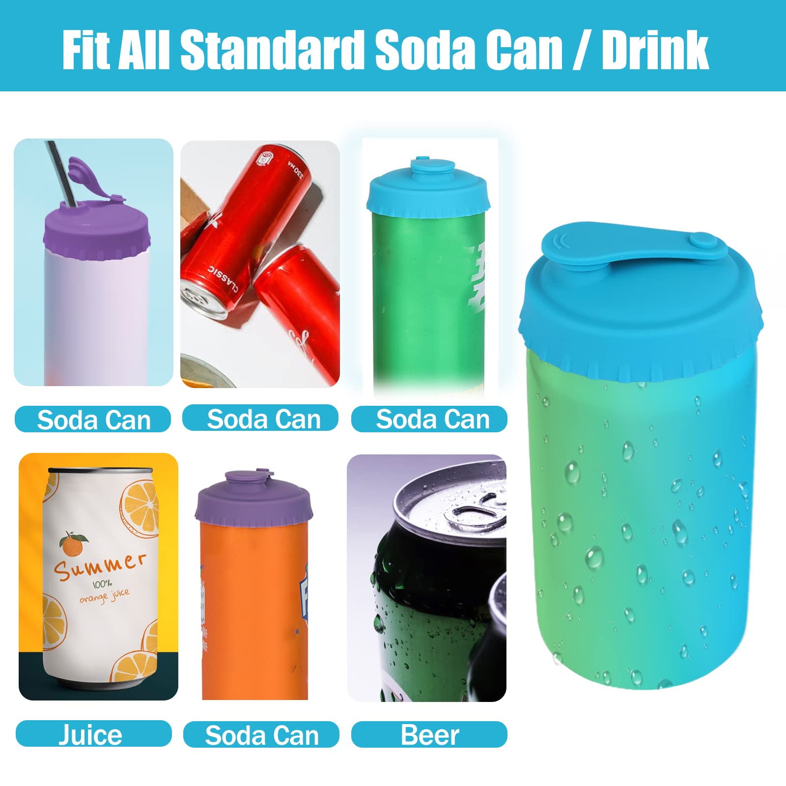 6 Pack Silicone Can Lids - Reusable Pop Can Lids for Standard Size Cans Soda, Silicone Can Tops For Soda/Beer/Juice