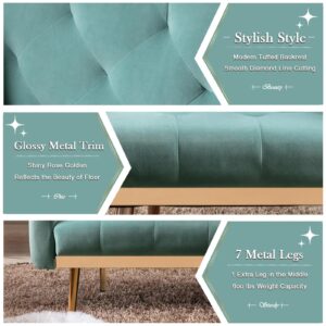 Convertible Velvet Futon Sofa Bed, Upholstered Loveseat Sleeper Couch with 3 Reclining Angles and 2 Pillows, Modern Living Room Sofa Couch with 5 Solid Metal Legs for Guest Room, Office, Mint Green