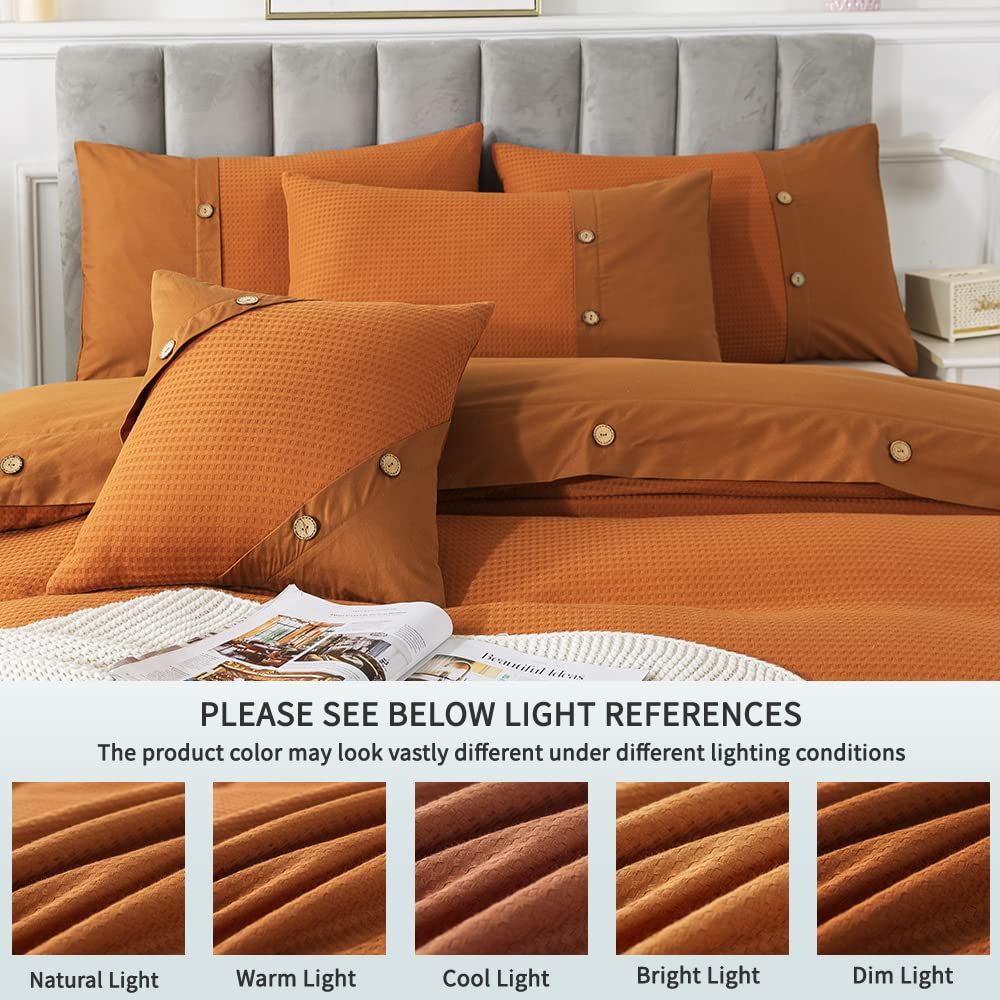 FADFAY Burnt Orange Duvet Cove Set King/Cal King Cotton Waffle Weave Bedding Zipper Comforter Cover Reversible Luxury Textured Terracotta Bedding Embellished Button Soft Breathable All Season 3Pcs