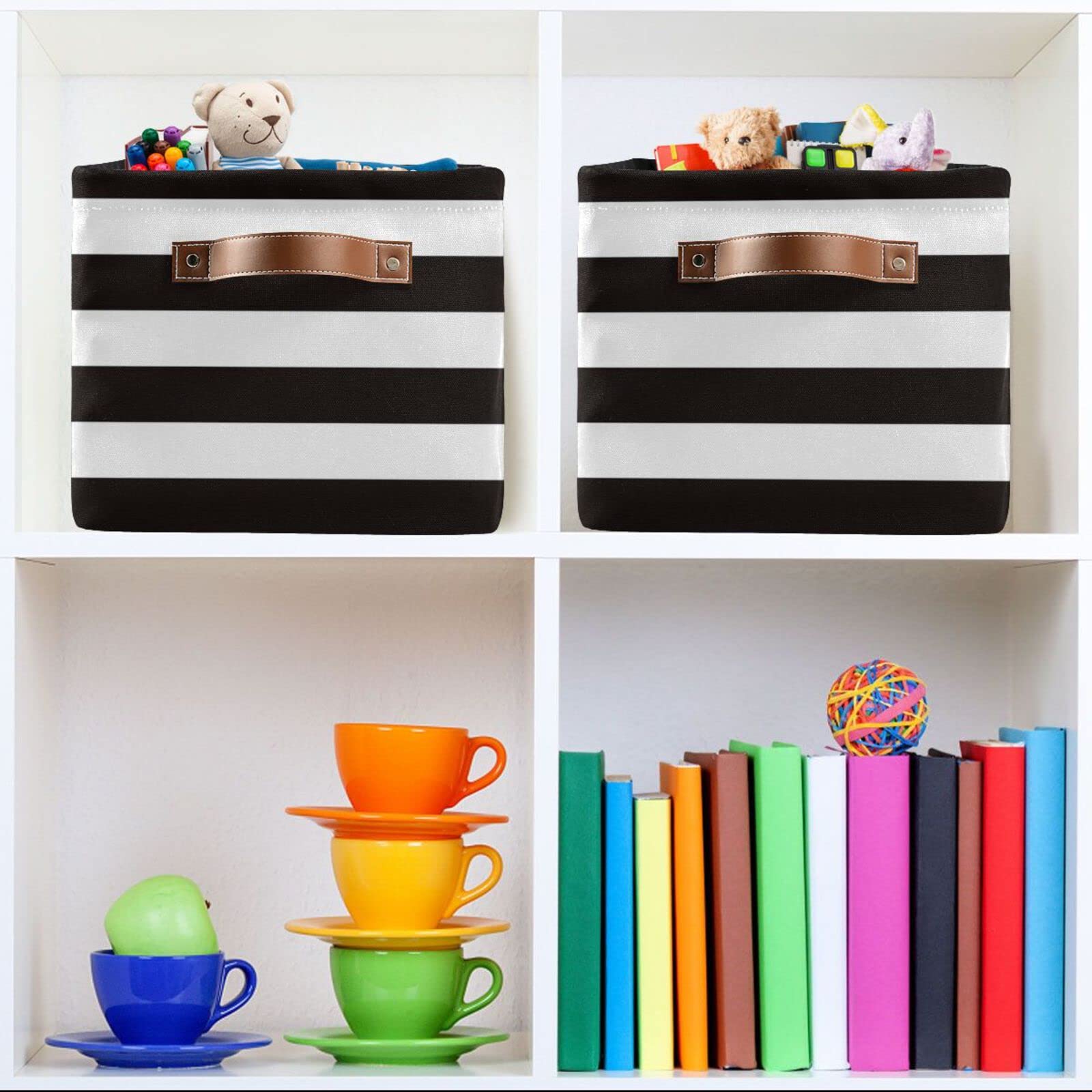 Storage Bins 2 Pack White Black Stripe Fabric Storage Basket for Organizing Closet Shelf Organizer Basket with Handles