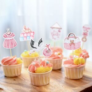 Gyufise 36Pcs Baby Shower Girl Cupcake Toppers Swan Pacifier Cloud Moon Star Baby Girl Cupcake Picks Oh Baby It's a Girl Cake Decorations for Baby Shower Kids Girls Birthday Party Supplies Pink