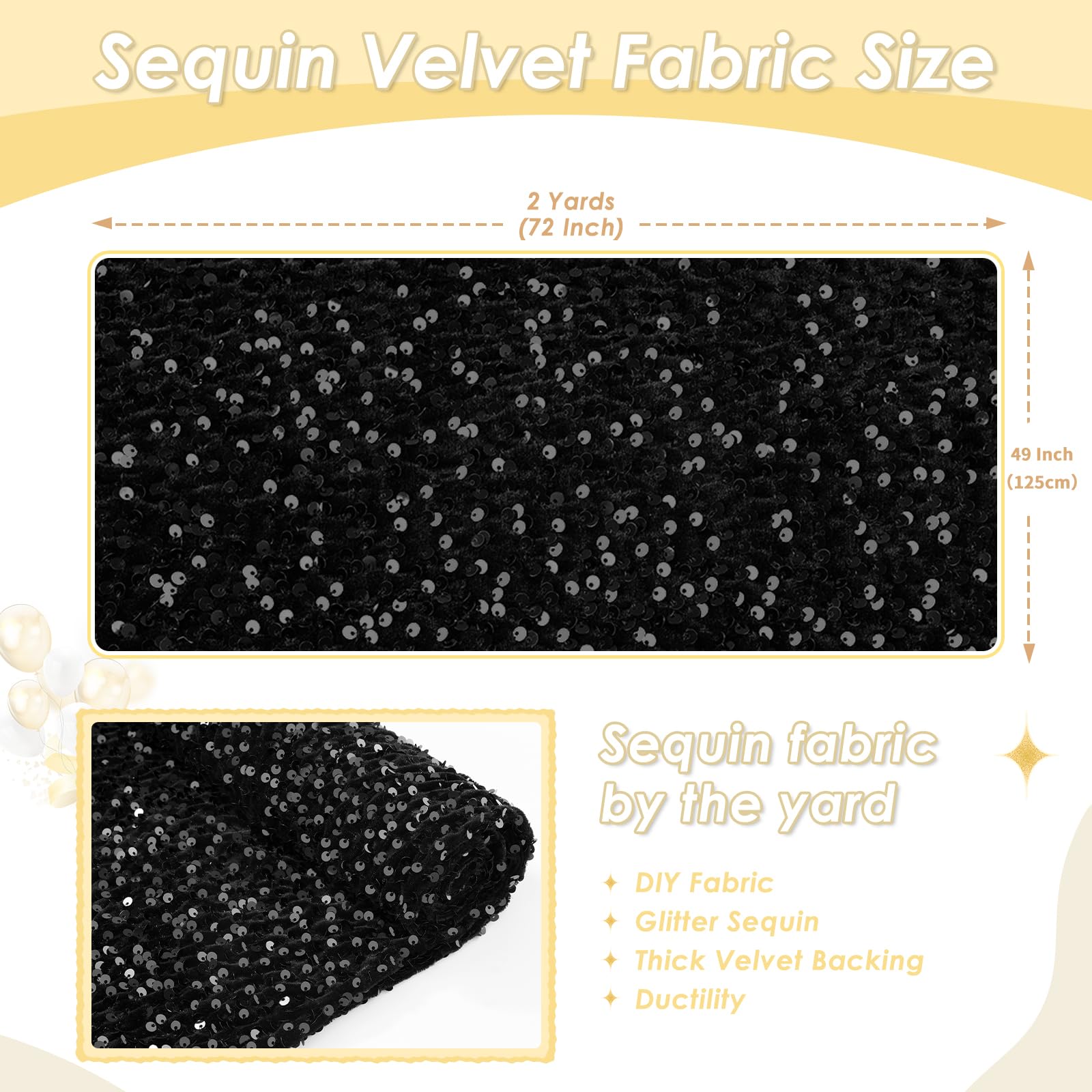 Black Sequin Fabric by The Yard Glitter Sequin Velvet Fabric 2 Yards Sparkle Thick Material for Sewing Bridal Clothes Gowns Costumes Dress Making for Prom Dresses Velvet Stretch Fabric