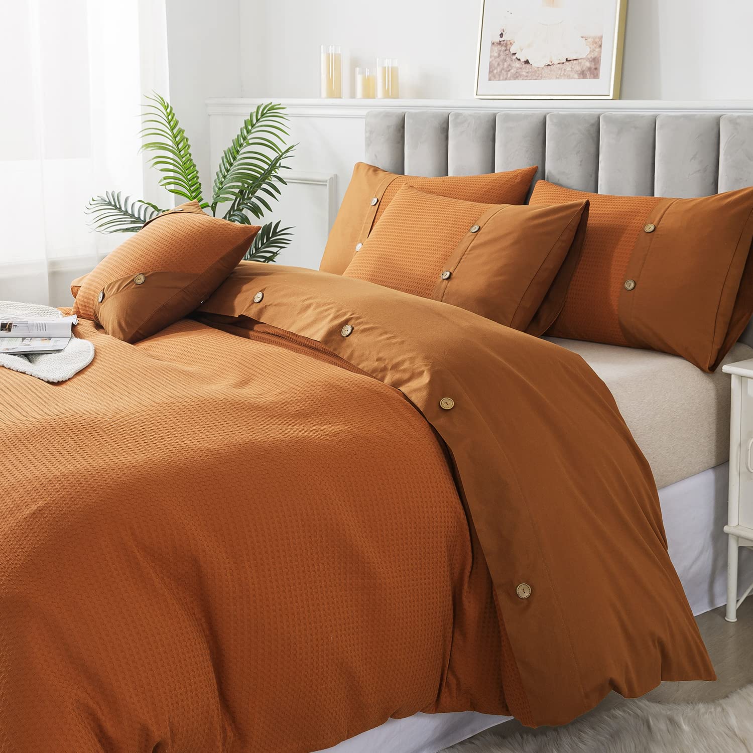 FADFAY Burnt Orange Duvet Cove Set King/Cal King Cotton Waffle Weave Bedding Zipper Comforter Cover Reversible Luxury Textured Terracotta Bedding Embellished Button Soft Breathable All Season 3Pcs