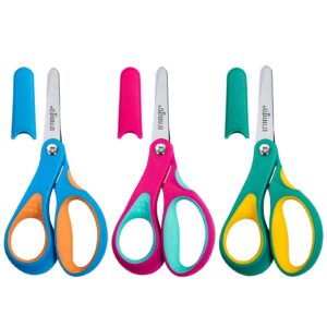 livingo left handed kids scissors: blunt tip safety lefty toddler child scissors for school craft cutting paper - 3 pack 5 inches comfort grip green, rose pink, blue