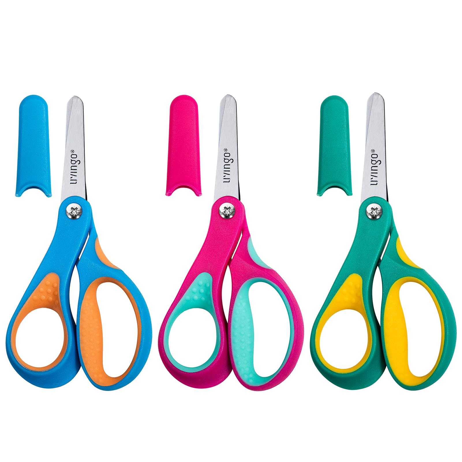 LIVINGO Left Handed Kids Scissors: Blunt Tip Safety Lefty Toddler Child Scissors for School Craft Cutting Paper - 3 Pack 5 inches Comfort Grip Green, Rose Pink, Blue