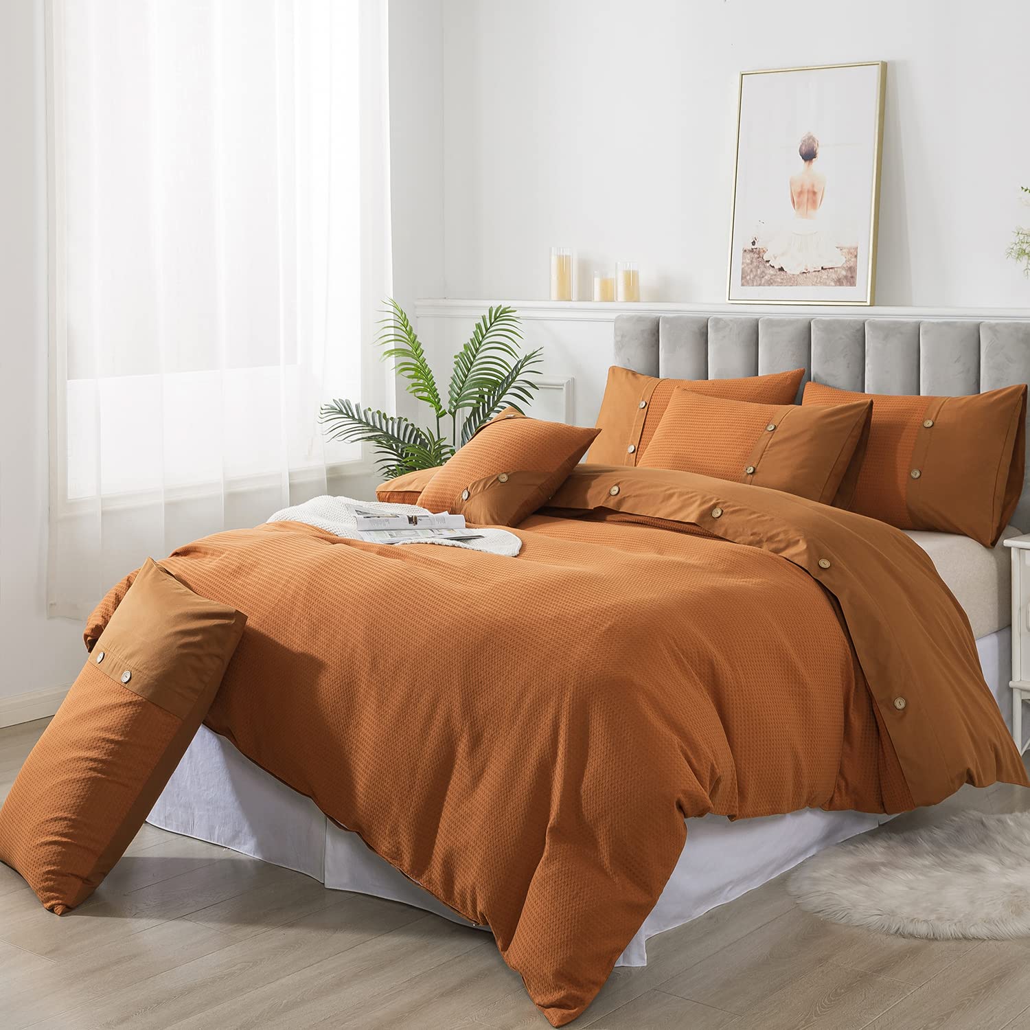 FADFAY Burnt Orange Duvet Cove Set King/Cal King Cotton Waffle Weave Bedding Zipper Comforter Cover Reversible Luxury Textured Terracotta Bedding Embellished Button Soft Breathable All Season 3Pcs