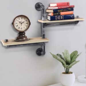 MENZOM Rustic Industrial Pipe Shelves - Corner Floating Shelf with Wood Panels - 2-Tier Wall Mounted Bookshelf - Versatile Storage Solution for Bedroom,and Home Decor - Wall Floating Pipe Rack（K）