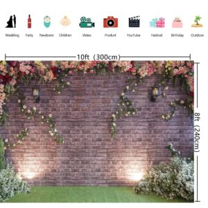 INRUI Spring Flowers Brick Wall Photography Background Garden Floral Wedding Ceremony Bridal Baby Shower Birthday Party Decor Backdrop (10x8FT)