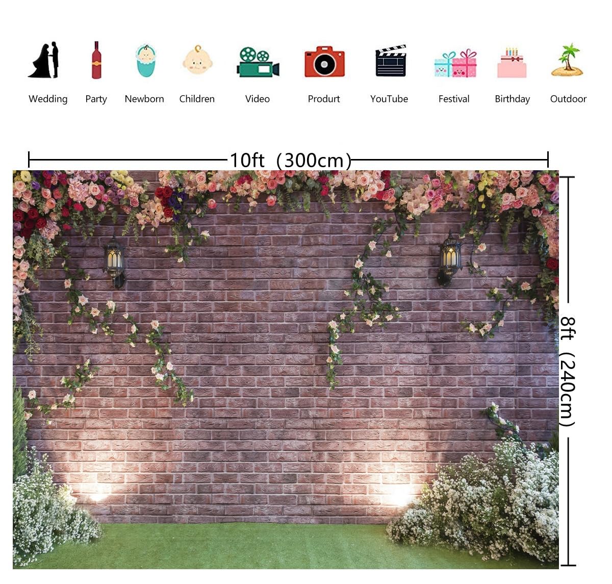 INRUI Spring Flowers Brick Wall Photography Background Garden Floral Wedding Ceremony Bridal Baby Shower Birthday Party Decor Backdrop (10x8FT)